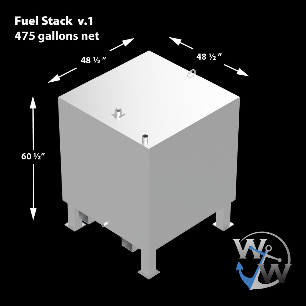 A diagram of a Fuel Stack v.1 tank, 475 gallons net, with dimensions of 48 1/2 inches in width and depth, and 60 1/2 inches in height. The logo "W & W" with an anchor is also visible