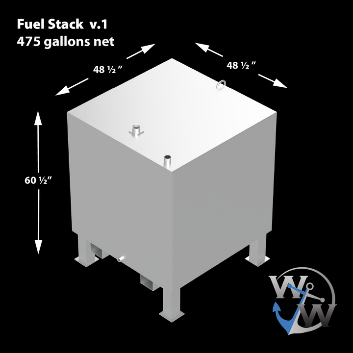 A diagram of a Fuel Stack v.1 tank, 475 gallons net, with dimensions of 48 1/2 inches in width and depth, and 60 1/2 inches in height. The logo "W & W" with an anchor is also visible