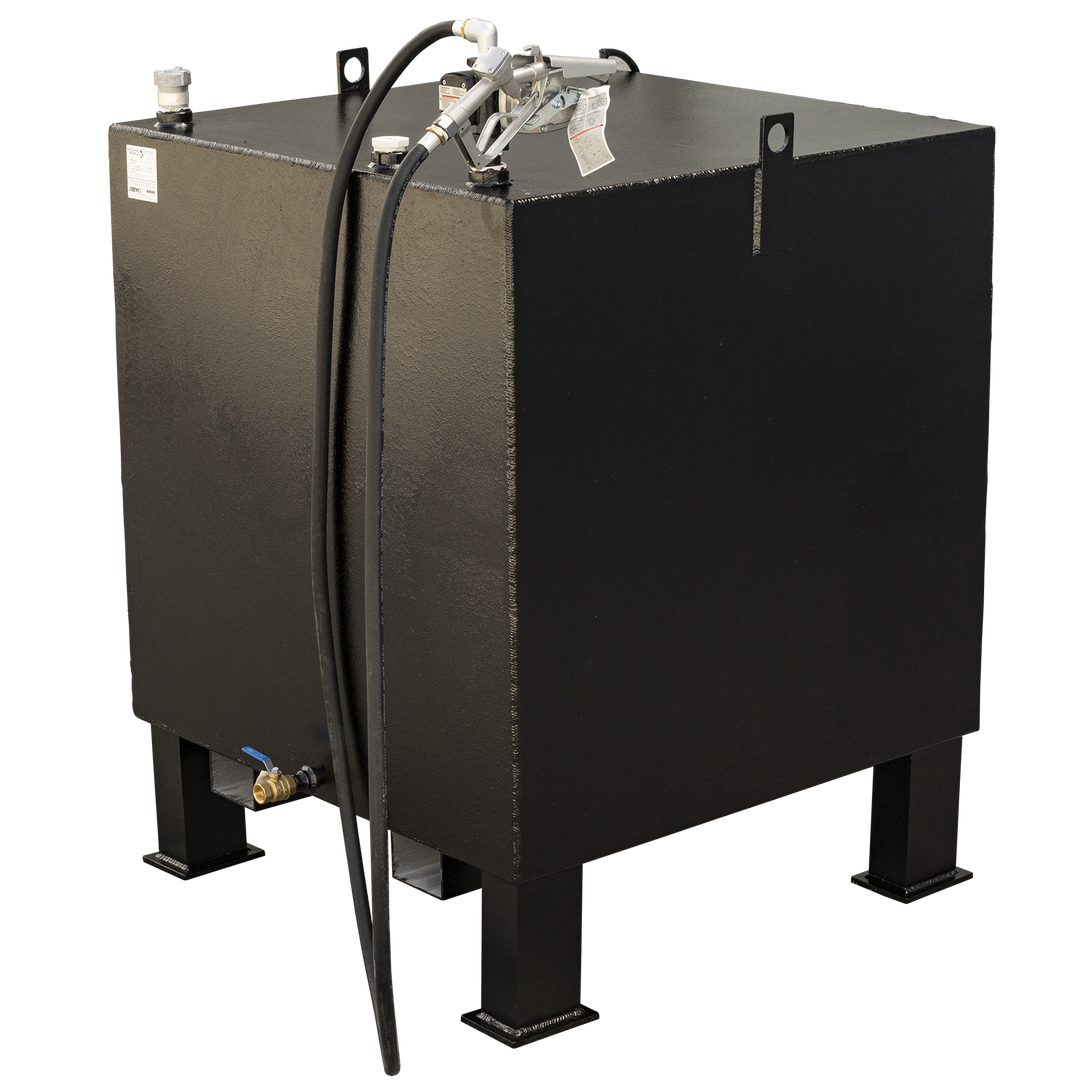 A black, rectangular fuel tank with a textured finish, standing on four black, square legs. A fuel dispenser with a hose is attached to the top surface, and a small brass valve is visible near the bottom on one side