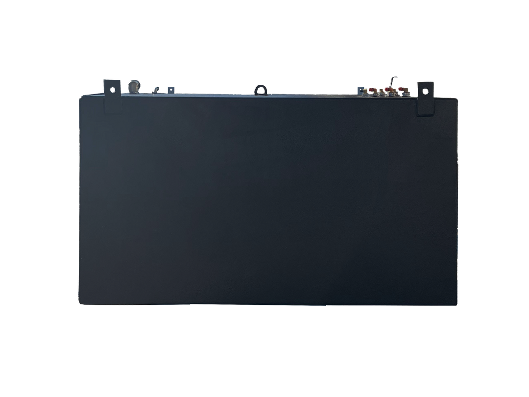 A profile photo showing the short end of a large, dark grey, rectangular boat fuel tank. Various fittings and two mounting tabs are visible along the top edge, against a transparent checkerboard background.