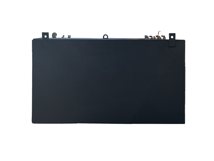 A profile photo showing the short end of a large, dark grey, rectangular boat fuel tank. Various fittings and two mounting tabs are visible along the top edge, against a transparent checkerboard background.