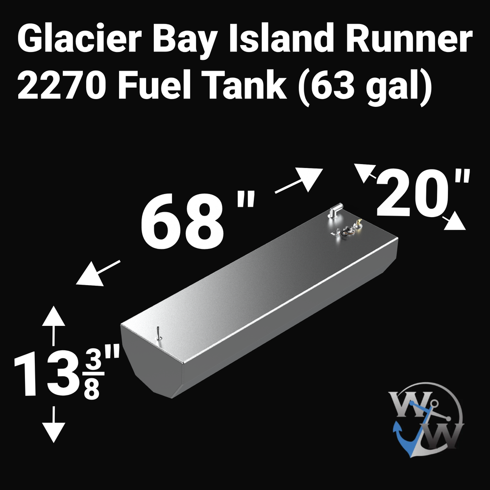 Glacier Bay Island Runner 2270 fuel tank with 63-gallon capacity, aluminum OEM replacement designed for marine use