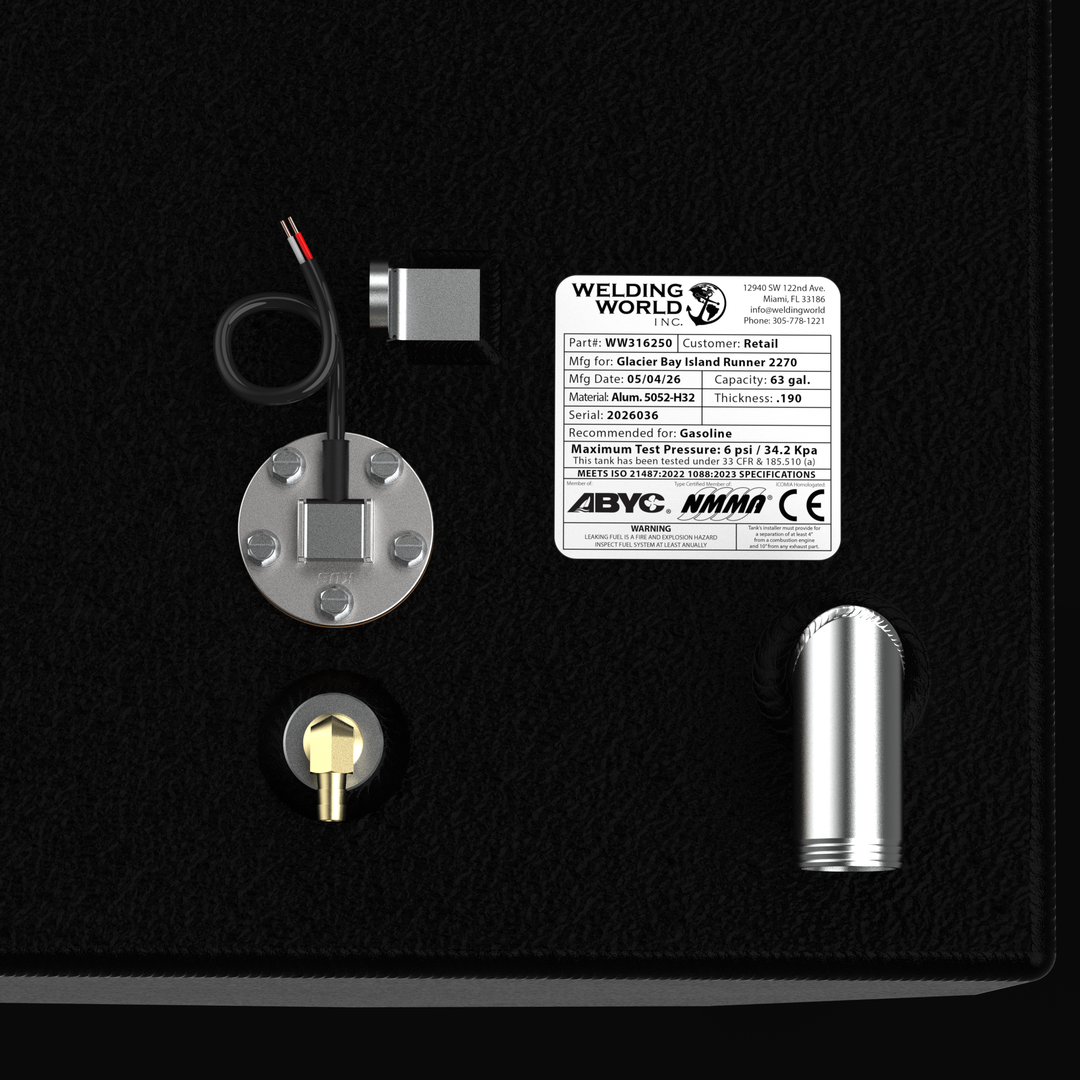 Glacier Bay Island Runner 2270 fuel tank with 63-gallon capacity, aluminum OEM replacement designed for marine use
