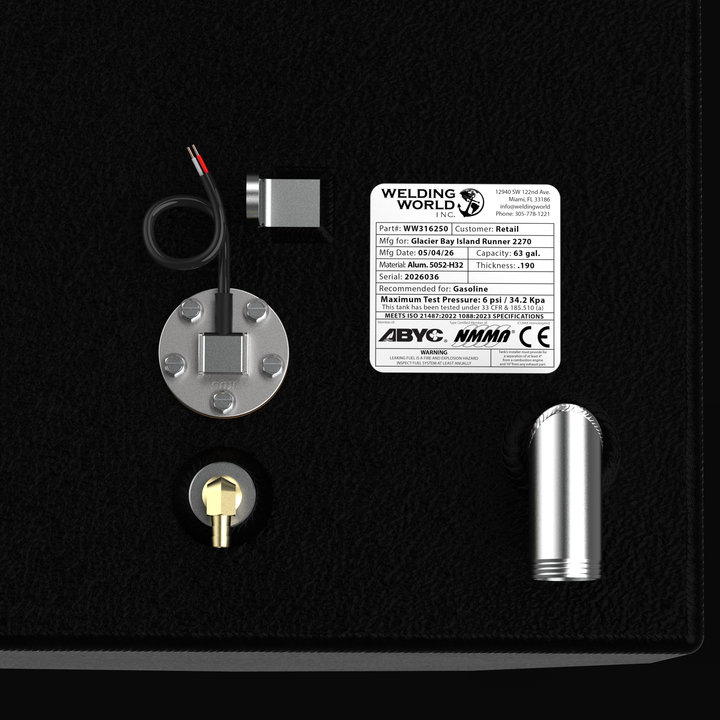 Glacier Bay Island Runner 2270 fuel tank with 63-gallon capacity, aluminum OEM replacement designed for marine use