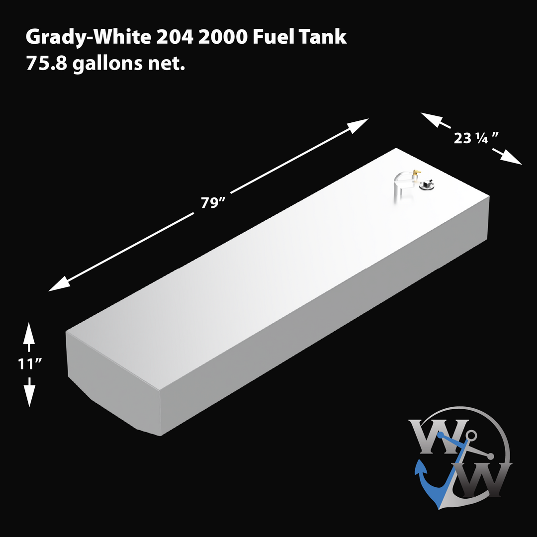 3D render of an OEM replacement fuel tank for a 2000 Grady-White 204 Fisherman boat with a 75.8-gallon net capacity. Tank dimensions are 79 inches long, 23.25 inches wide, and 11 inches high. The tank features top-mounted fittings for fill, vent, and sender unit, with a chamfered front edge and WW anchor logo in the bottom right corner