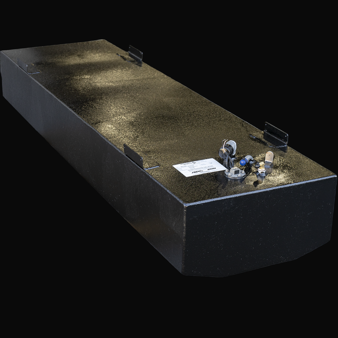 Actual photo of a black OEM replacement fuel tank for a 2000 Grady-White 204 Fisherman boat with a 75.8-gallon net capacity. The tank features a textured anti-corrosion coating, welded mounting tabs, and pre-installed fittings including fuel pickup, sender unit, and wiring components. A manufacturer label is visible on the top surface