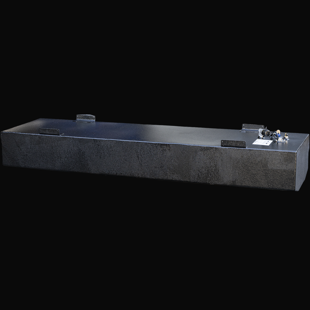 Isolated photo of a black OEM replacement fuel tank for a 2000 Grady-White 204 Fisherman boat, featuring a textured corrosion-resistant coating, top-mounted fuel fittings, a sender unit, vent, fill neck, and welded mounting tabs on a transparent background
