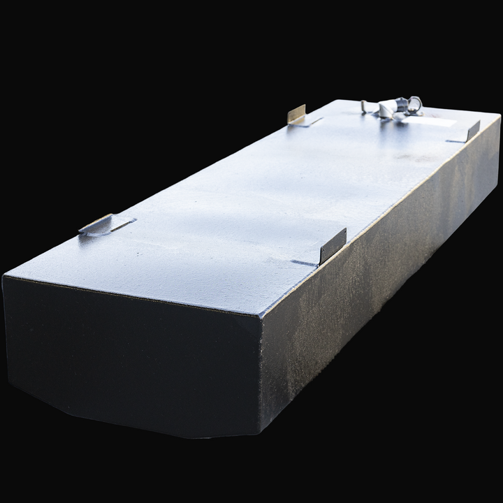 Angled rear-to-front view of a black OEM replacement fuel tank for a 2000 Grady-White 204 Fisherman boat. The tank features a textured anti-corrosion coating, welded mounting tabs along the top, and visible top fittings including fuel lines and sender. Rendered with a transparent background