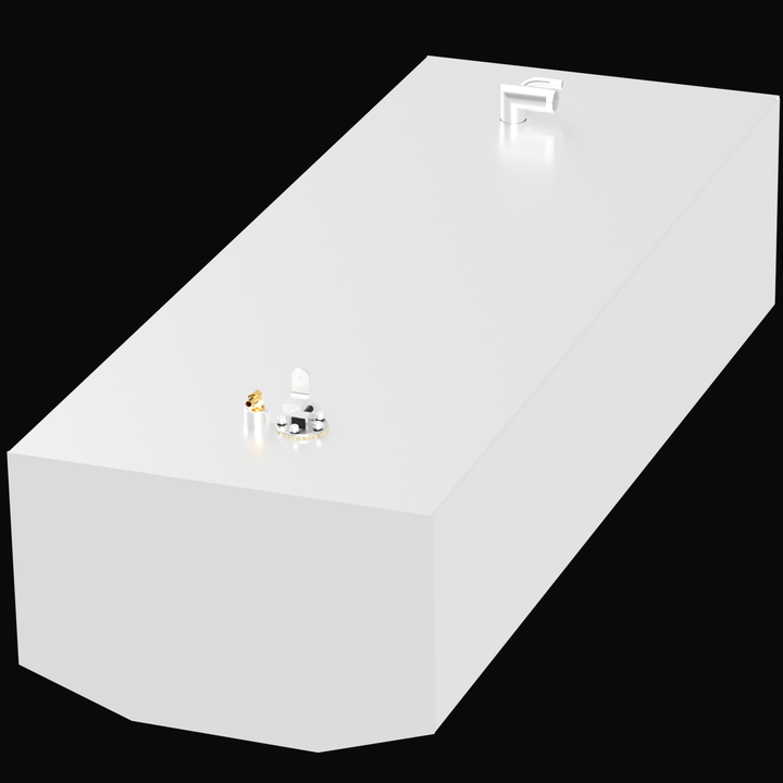 A 3D render of a Grady-White 228 SeaFearer 92-gallon Built to OEM Specs fuel tank, showing an angled top-down view of the long, white tank and its fittings against a black background.