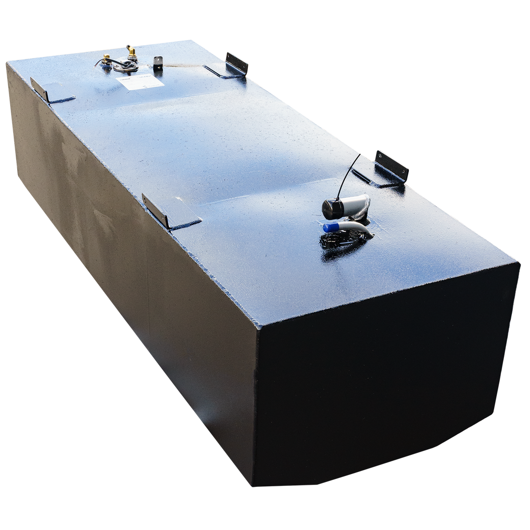 A long, black, rectangular fuel tank with a rounded corner and various fittings on its textured top surface, against a checkered background