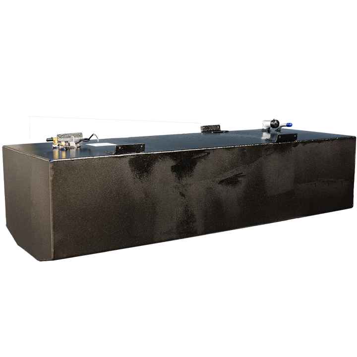 A long, black, rectangular fuel tank with a rounded corner, mounting brackets, and various fittings on its textured top surface, against a checkered background