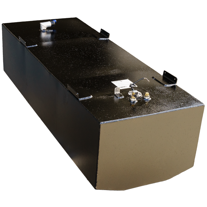 A rectangular black fuel tank with a beveled corner exposing the interior material, and various top-mounted fittings, designed as an OEM replacement belly tank for a Grady-White 24' Walkaround 1986