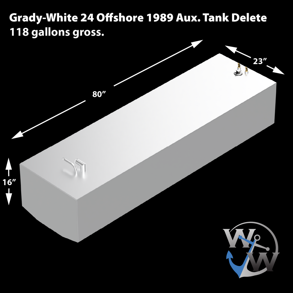 118-gallon custom aluminum fuel tank designed for 1989 Grady-White 24' Offshore, replacing dual-tank layout with a single enlarged unit. Dimensions: 80″ length × 23″ width × 16″ height. Labeled as “Aux. Tank Delete” configuration to consolidate fuel volume in a streamlined belly tank profile. Topside features dual threaded ports positioned for balanced system integration and deck access. Graphic includes branding and capacity data for schematic referencing