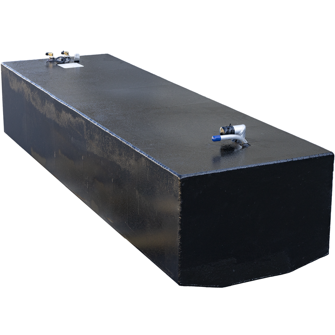 118-gallon custom aluminum belly tank built for the 1989 Grady-White 24' Offshore, shown with glossy black finish and robust rectangular form. Topside features include a blue-handled shutoff valve near the front and a multi-port valve cluster mounted at the rear, alongside a white compliance label. Fittings support dual-line fuel routing and service access while ensuring pressure-regulated operation. Overall layout confirms readiness for hull integration and system validation