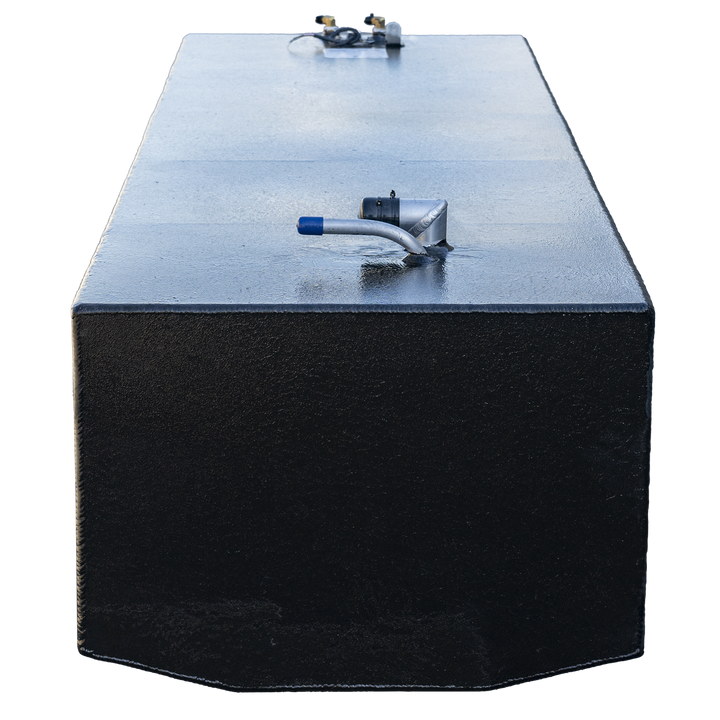 Isolated product rendering of custom 118-gallon aluminum belly fuel tank for 1989 Grady-White 24' Offshore. Features matte black finish with prominent top-mounted hardware: blue-handled shutoff valve at front, multi-port rear valve cluster, and visible compliance label at side. Clean edges and uniform coating indicate install-readiness and structural integrity, while transparent background supports catalog or schematic integration