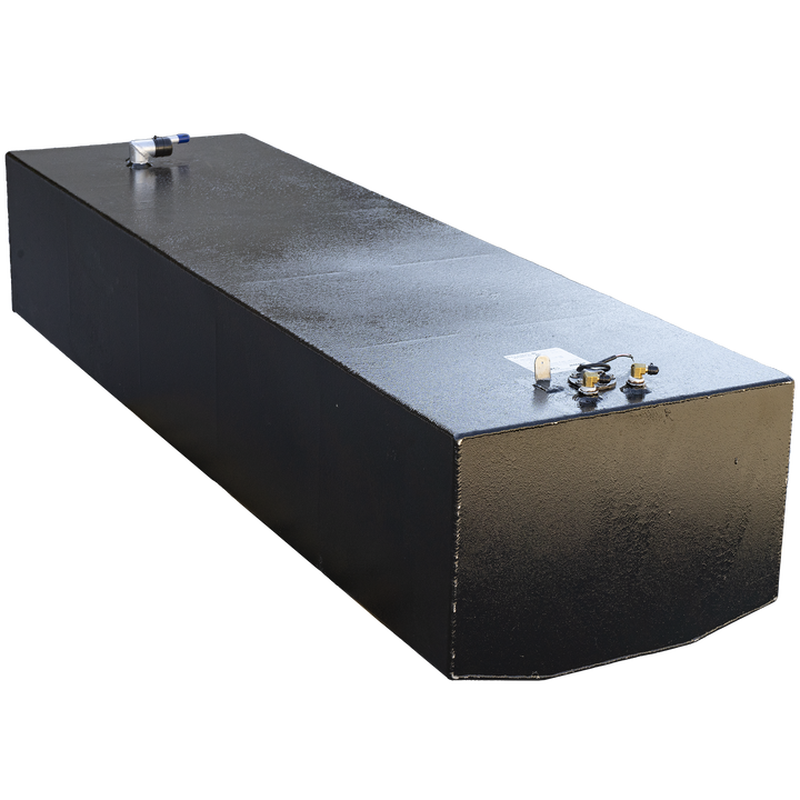 Custom 118-gallon aluminum replacement fuel tank designed for 1989 Grady-White 24' Offshore, replacing the original dual-tank system by eliminating the auxiliary tank. Black powder-coated finish with top-mounted components including capped fuel ports, return fittings, and sender unit. Layout engineered for seamless integration with OEM fuel routing and deck access. Structural geometry ensures hull conformity and increased fuel capacity within existing cavity
