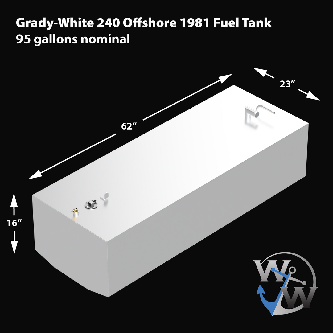A 3D rendered model of a rectangular boat fuel tank labeled "Grady-White 240 Offshore 1981 Fuel Tank." The tank dimensions are shown with arrows: 62 inches in length, 23 inches in width, and 16 inches in height. The tank has two pipe fittings on one end and multiple small fixtures on the other. The image includes a logo "Welding World" in the bottom right corner