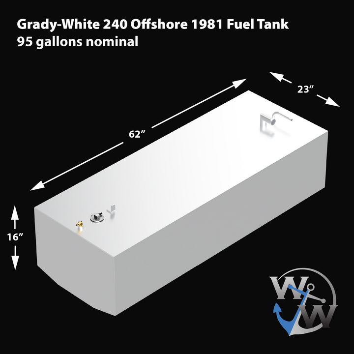 A 3D rendered model of a rectangular boat fuel tank labeled "Grady-White 240 Offshore 1981 Fuel Tank." The tank dimensions are shown with arrows: 62 inches in length, 23 inches in width, and 16 inches in height. The tank has two pipe fittings on one end and multiple small fixtures on the other. The image includes a logo "Welding World" in the bottom right corner