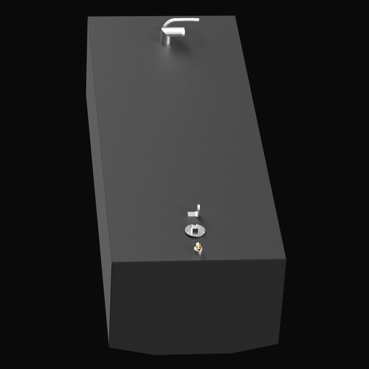 A 3D model of a rectangular black boat fuel tank viewed from a top-angle perspective against a black background. The tank features three fittings on the top surface: a silver angled pipe on the left side, and two smaller metallic fittings with one having a circular mounting plate on the right side