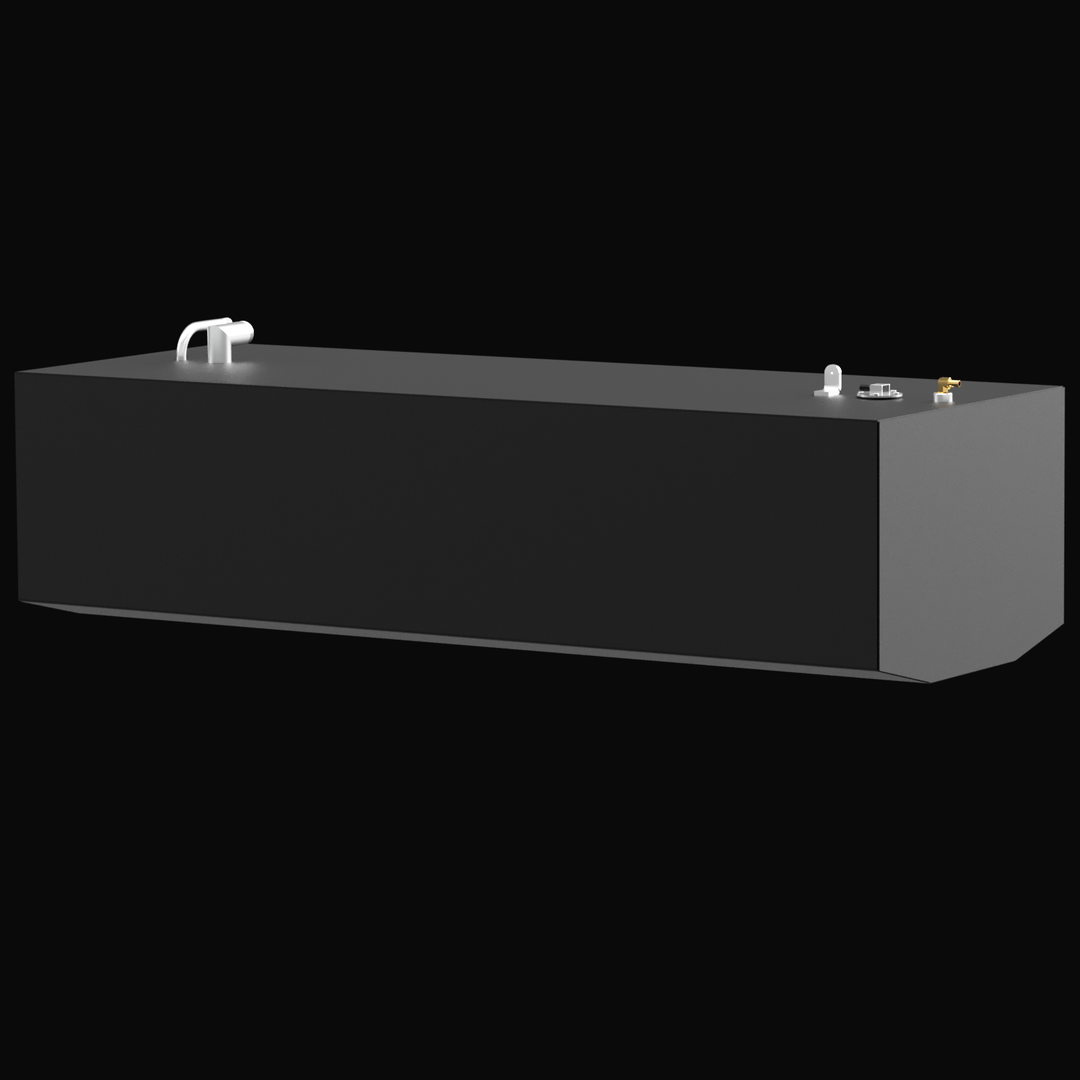 3D model of a large black rectangular boat saddle fuel tank viewed from a right-side angle against a black background. The tank has three fittings on the top: a silver angled pipe on the left and two smaller fittings with one mounted on a circular plate near the right edge