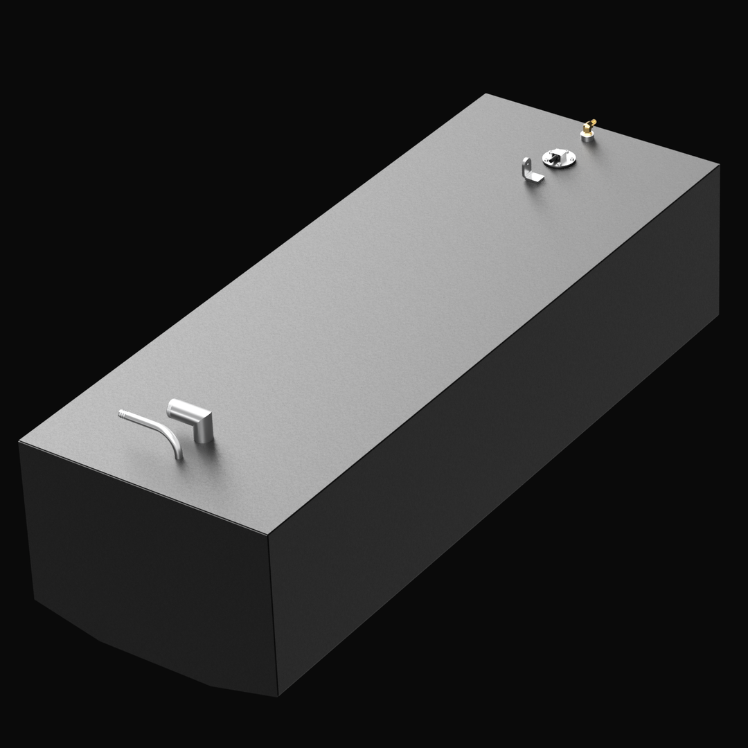 3D model of a large black rectangular boat fuel tank viewed from a right-side angle against a black background. The top surface is gray with four fittings: two silver angled pipes on the left and two small fittings near the right edge, including a circular plate and a brass valve