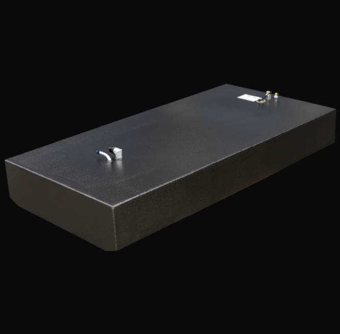 Grady-White 247 Advance 1998 OEM Replacement Fuel Tank with a nominal capacity of 151 gallons. The tank is rectangular with black coating and features fuel inlet and outlet fittings on the top surface