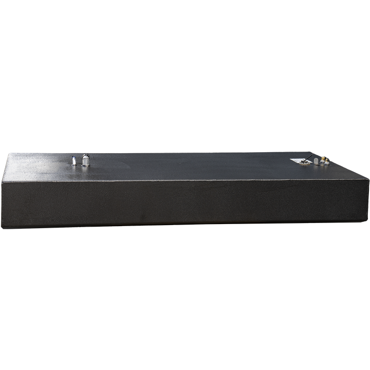 Front view of a black rectangular fuel tank with a textured surface. The tank has two fittings on the top, including a black and white valve with a blue cap, and an attached label with specifications. The tank is isolated on a transparent background