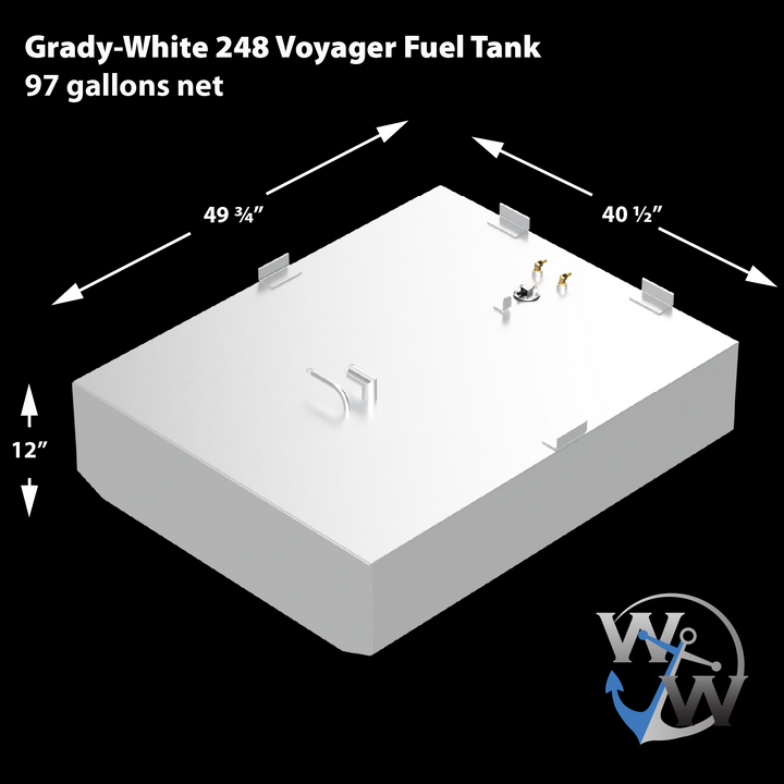 Grady-White 248 Voyager Fuel Tank, 97 gallons net capacity. White fuel tank with fittings on top, dimensions marked as 49 3/4 inches length, 40 1/2 inches width, and 12 inches height. Black background with Welding World logo