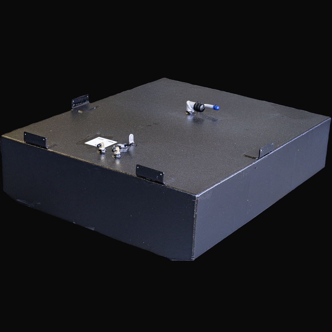 Grady-White 248 Voyager - 97 gallons nominal OEM replacement fuel tank, shown in a black painted metal construction with mounting brackets and fuel fittings, displayed against a transparent background