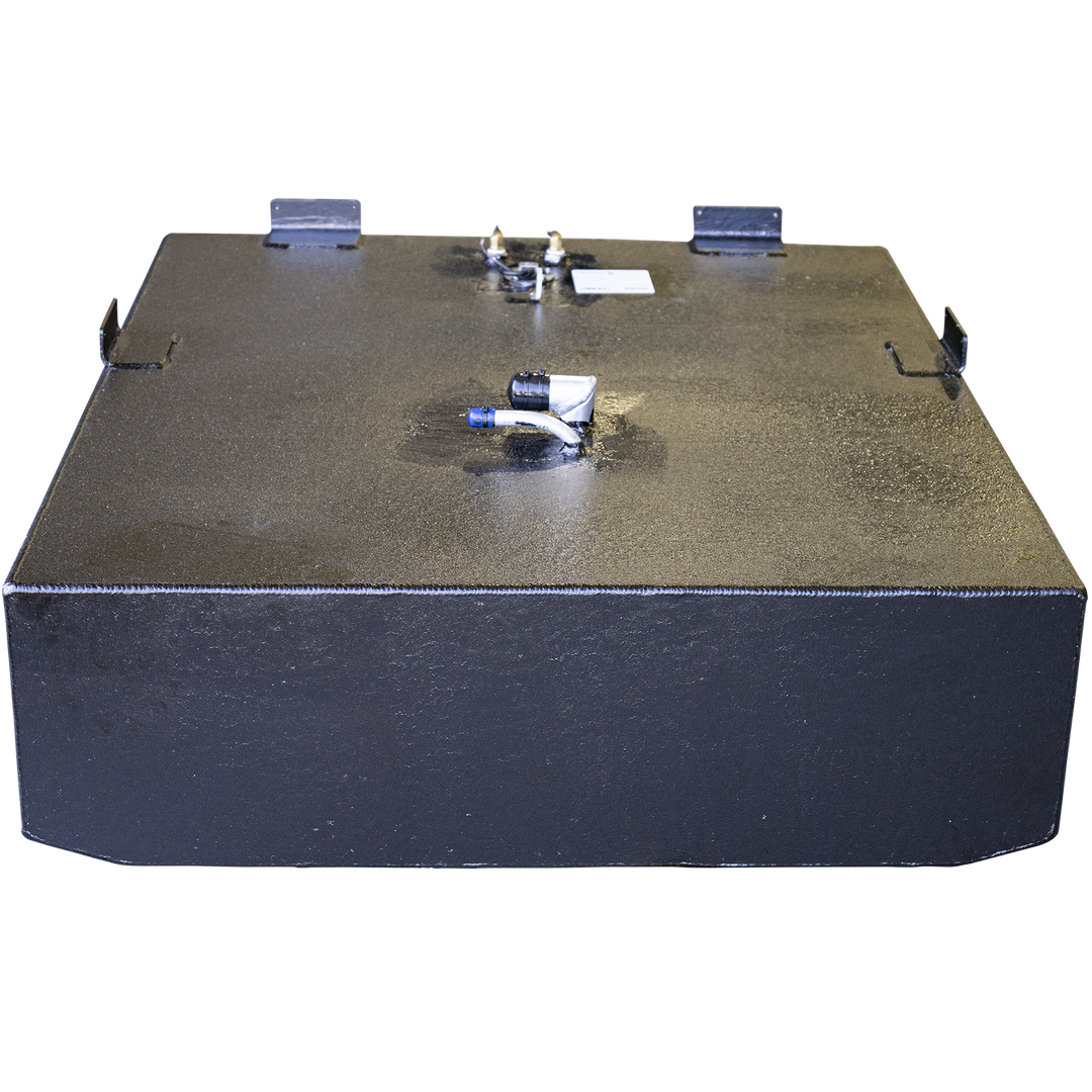 Edgewater 265 CC 2005 OEM Replacement Fuel Tank, nominal capacity 203 gallons. Close-up view of a black rectangular metal fuel tank with welded seams and fittings on top, shown on a transparent background