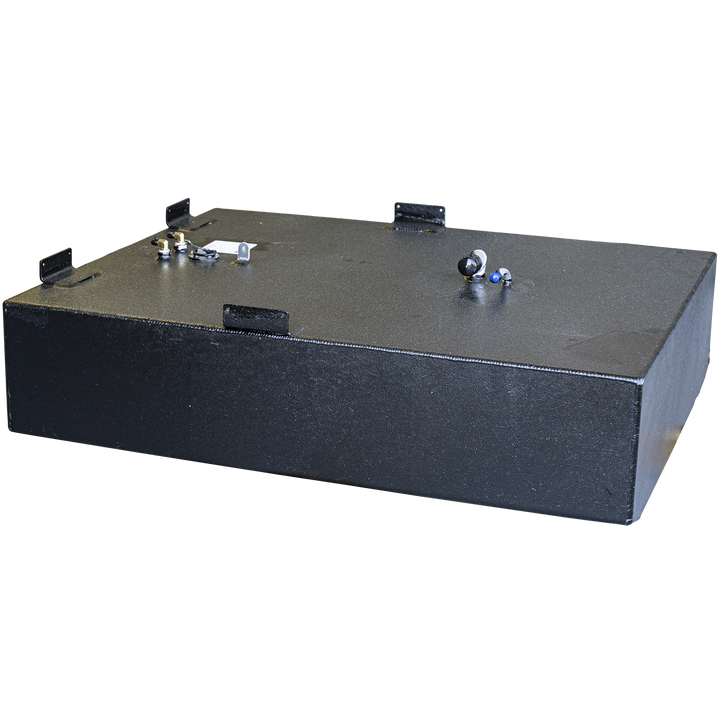 Edgewater 265 CC 2005 OEM Replacement Fuel Tank, nominal capacity 203 gallons. Perspective view of a black metal rectangular fuel tank with welded seams and multiple fittings on the top surface, displayed on a transparent background