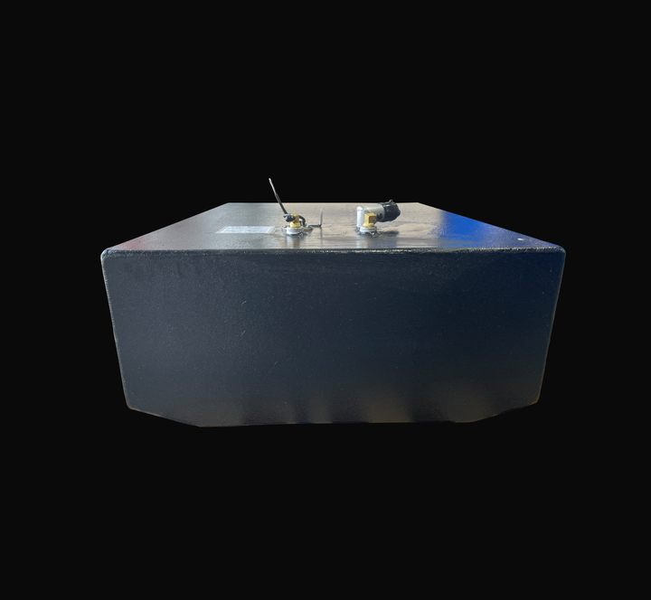 A side profile perspective view of the Grady White 25 Sailfish auxiliary replacement fuel tank, showcasing its durable rectangular construction and protective black TarGard epoxy finish. This end angle highlights the seamless, corrosion-resistant coating applied over heavy-duty marine-grade aluminum to withstand extreme bilge environments. The top deck displays pre-installed mechanical hardware, including brass fuel line pickups, a fuel level sending unit wire, and a robust fuel fill neck connection. Precis