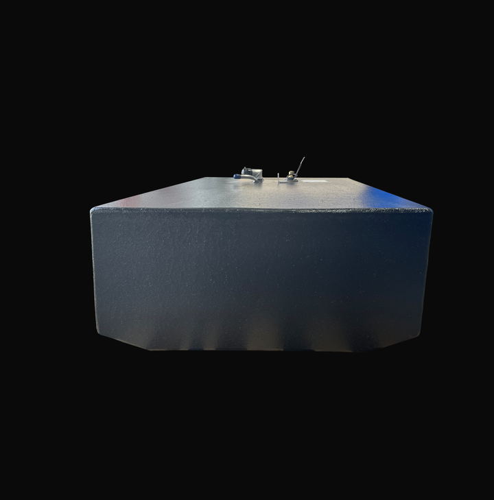 A side profile perspective view of the Grady White 25 Sailfish auxiliary replacement fuel tank, highlighting the clean rectangular cross-section and the specialized black TarGard epoxy coating. This end view illustrates the premium textured finish applied over heavy-duty marine-grade aluminum, designed to withstand harsh bilge environments. The top-deck mechanical assemblies, including fuel line pickups and sending unit components, are visible along the upper edge. Precision-built by Welding World to match 