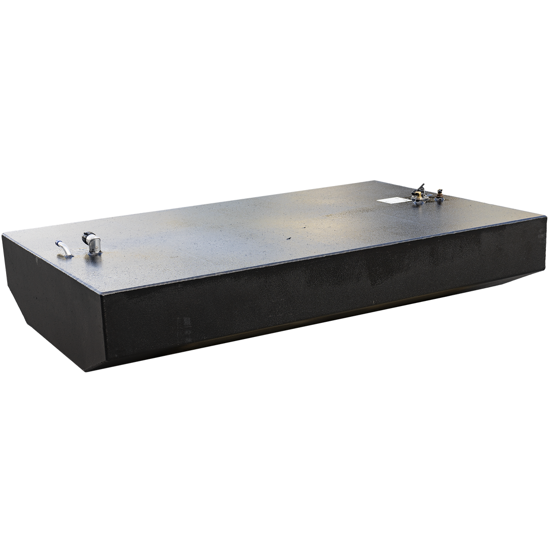 Aluminum fuel tank built for the 2001 Grady-White 265 Express, shown with a black matte finish and rectangular form factor. The topside features include a capped fitting at the front left, a central sender unit with wiring harness, and a dual-port brass fitting at the rear right. A compliance label is mounted near the central hardware, confirming .190″ 5052-H32 aluminum construction and marine fuel system certification. Component arrangement supports factory-standard hose routing, pressure regulation
