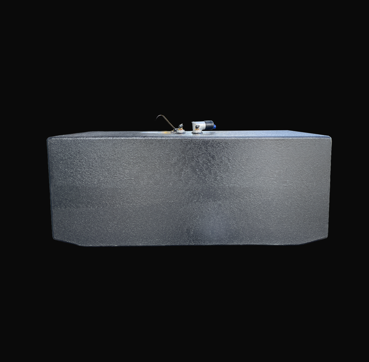 An eye-level studio side profile view displaying the full length of a physical, finished black encapsulated Grady White 272 Sailfish AUX OEM replacement marine fuel tank (52 gal) from file image_2a33b4.jpg, isolated against a black background. Precision-fabricated from heavy-gauge marine-grade 5052-H32 aluminum, the rectangular body is fully encapsulated in a protective, textured black TarGard epoxy coating to resist severe saltwater pitting and bilge moisture decay. Top deck hardware features mid-mounted f