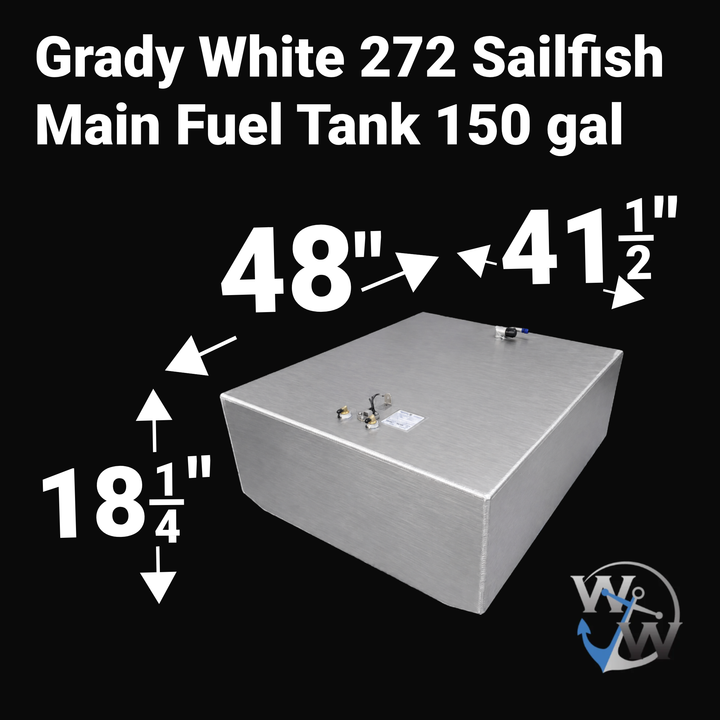 A studio product diagram displaying the exact dimension specifications for a 3D digital CAD model rendering of an unencapsulated bare aluminum Grady White 272 Sailfish Main Fuel Tank (150 gal OEM replacement) from file image_2a3bf6.jpg, isolated against a black background. The isometric view shows the wide low-profile body with bold white measurement arrows indicating key overall dimensions: 48 inches in length, 41 1/2 inches in width, and 18 1/4 inches in total height. Top deck hardware features foreground