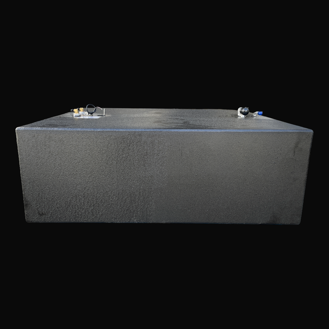 An eye-level studio side profile view displaying the full length of a physical, finished black encapsulated Grady White 272 Sailfish Main OEM replacement marine fuel tank (150 gal) from file image_2a3811.jpg, isolated against a black background. Precision-fabricated from heavy-gauge marine-grade 5052-H32 aluminum, the low-profile body is fully encapsulated in a protective, textured black TarGard epoxy coating to resist severe saltwater pitting and bilge moisture decay. Top deck hardware features left-mounte