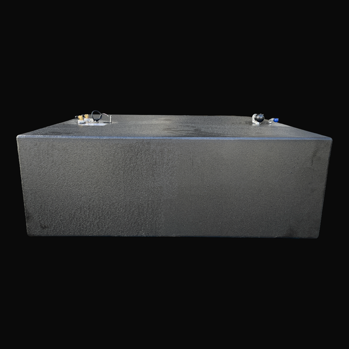 An eye-level studio side profile view displaying the full length of a physical, finished black encapsulated Grady White 272 Sailfish Main OEM replacement marine fuel tank (150 gal) from file image_2a3811.jpg, isolated against a black background. Precision-fabricated from heavy-gauge marine-grade 5052-H32 aluminum, the low-profile body is fully encapsulated in a protective, textured black TarGard epoxy coating to resist severe saltwater pitting and bilge moisture decay. Top deck hardware features left-mounte