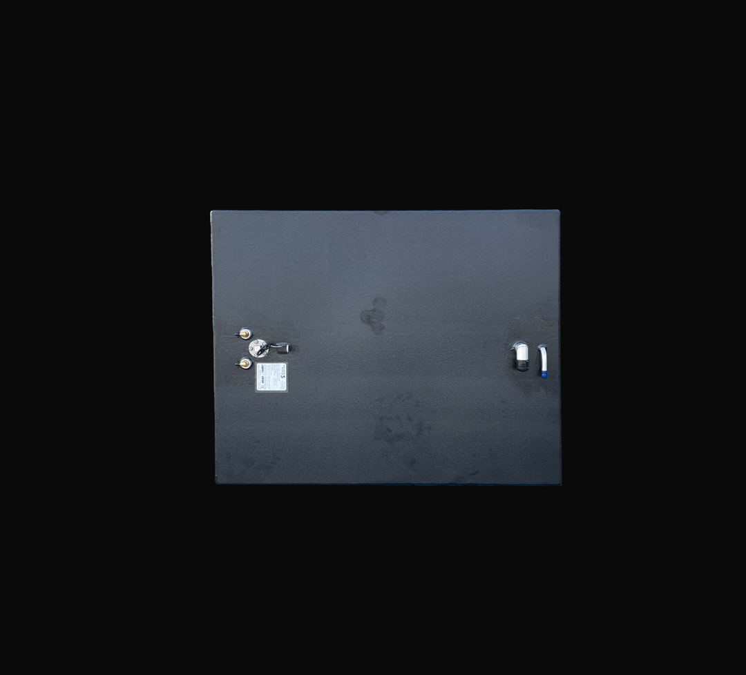 A studio top-down plan view displaying the clean deck layout of a physical, finished black encapsulated Grady White 272 Sailfish Main OEM replacement marine fuel tank (150 gal) from file image_2a3b58.jpg, isolated against a black background. Precision-fabricated from heavy-gauge marine-grade 5052-H32 aluminum, the wide top deck is fully encapsulated in a protective, textured black TarGard epoxy coating to resist severe saltwater pitting and bilge moisture decay. Left-side fittings feature dual brass 90-degr