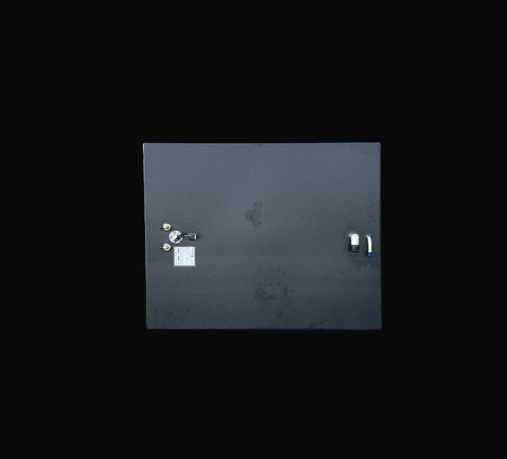 A studio top-down plan view displaying the clean deck layout of a physical, finished black encapsulated Grady White 272 Sailfish Main OEM replacement marine fuel tank (150 gal) from file image_2a3b58.jpg, isolated against a black background. Precision-fabricated from heavy-gauge marine-grade 5052-H32 aluminum, the wide top deck is fully encapsulated in a protective, textured black TarGard epoxy coating to resist severe saltwater pitting and bilge moisture decay. Left-side fittings feature dual brass 90-degr