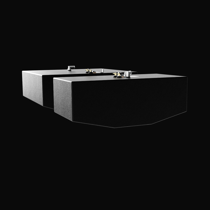 A studio perspective view of a matched dual-tank set featuring a physical, finished black encapsulated Grady-White 282 Sailfish Main (140 gal) and Auxiliary (66 gal) OEM replacement marine fuel tank package from file image_f0ed08.jpg, isolated against a black background. Both rectangular cells are precision-fabricated from heavy-gauge marine-grade 5052-H32 aluminum and feature custom V-shaped bottom deadrise angles to sit flush within the vessel's center-cavity bilge compartments. Each tank is fully encapsu