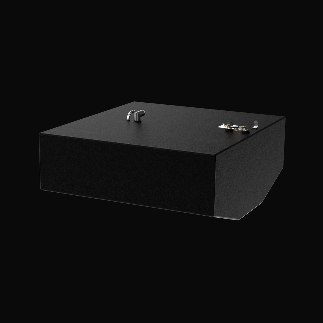 A studio perspective view of a physical, finished black encapsulated Grady-White 282 Sailfish Main OEM replacement marine fuel tank (140 gal) from file image_f0e643.jpg, isolated against a black background. Precision-fabricated from heavy-gauge marine-grade 5052-H32 aluminum, the wide rectangular body features a tapered bottom deadrise custom-engineered to sit flush inside the primary center-cavity bilge compartment. The entire aluminum shell is fully coated in a protective, textured black TarGard epoxy coa