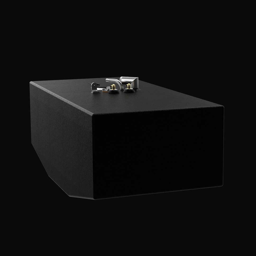 A studio perspective view of a physical, finished black encapsulated Grady-White 282 Sailfish Auxiliary OEM replacement marine fuel tank (66 gal) from file image_f0f125.jpg, isolated against a black background. Precision-fabricated from heavy-gauge marine-grade 5052-H32 aluminum, the rectangular tank body features a tapered V-bottom deadrise custom-engineered to fit flush within the vessel's auxiliary center-cavity bilge compartment. The entire body is fully encapsulated in a protective, textured black TarG