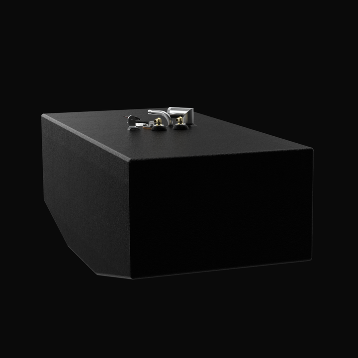 A studio perspective view of a physical, finished black encapsulated Grady-White 282 Sailfish Auxiliary OEM replacement marine fuel tank (66 gal) from file image_f0f125.jpg, isolated against a black background. Precision-fabricated from heavy-gauge marine-grade 5052-H32 aluminum, the rectangular tank body features a tapered V-bottom deadrise custom-engineered to fit flush within the vessel's auxiliary center-cavity bilge compartment. The entire body is fully encapsulated in a protective, textured black TarG