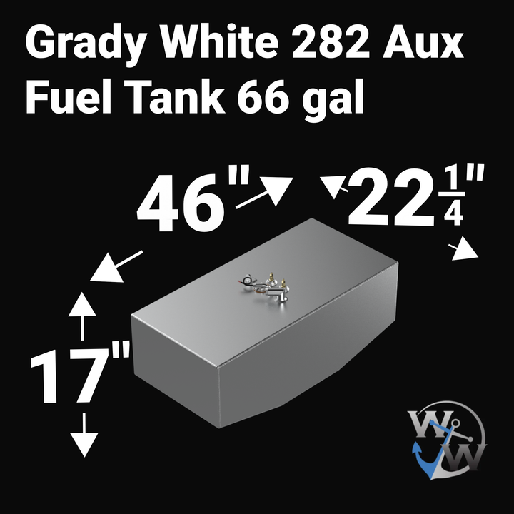 A high-angle isometric product graphic diagram of a raw aluminum Grady-White 282 Sailfish Auxiliary OEM replacement marine fuel tank from file image_f0e282.jpg, isolated against a black background. Large white bold text overlays detail the exact physical dimensions, specifying a 66-gallon capacity, a length of 46 inches, a width of 22-1/4 inches, and a height of 17 inches. The CAD rendering illustrates the rectangular tank geometry custom-engineered by Welding World to fit perfectly within the boat's auxili