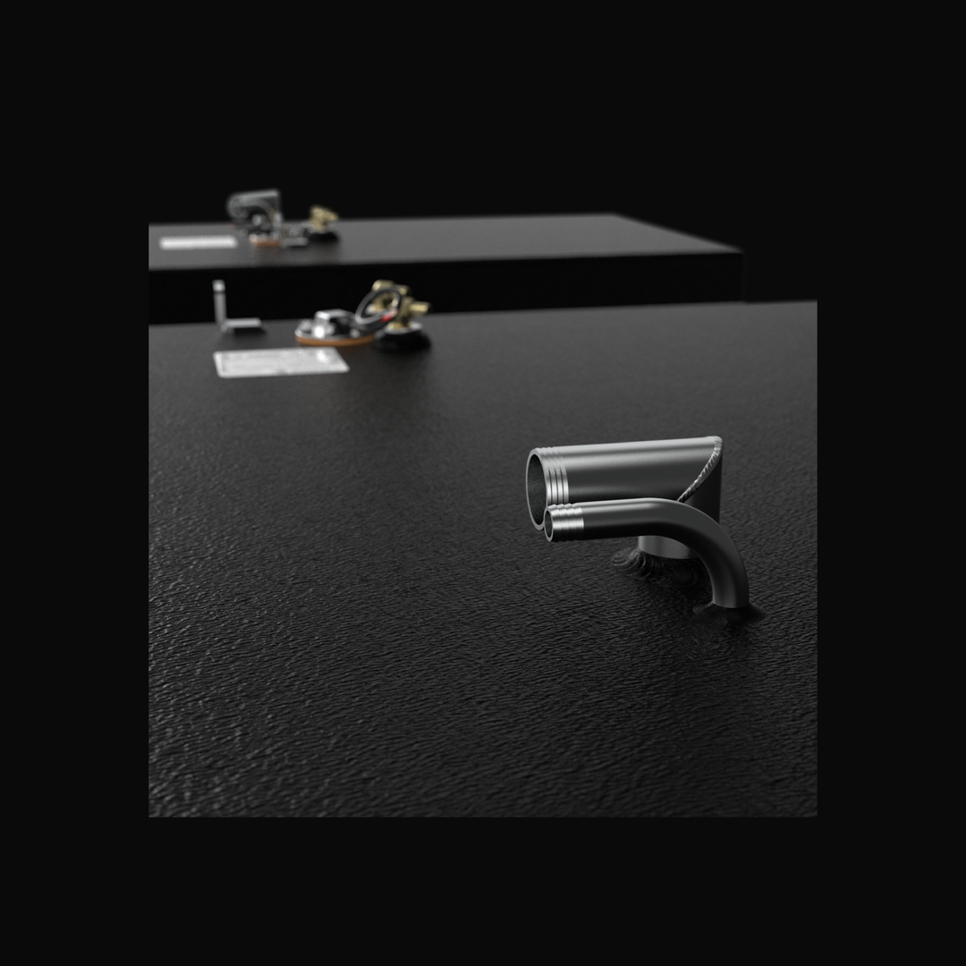 A shallow depth-of-field close-up studio view of the top deck hardware on a physical, finished black encapsulated Grady-White 282 Sailfish Main or Auxiliary OEM replacement marine fuel tank from file image_f0e9c4.jpg, isolated against a black background. The foreground highlights a pre-welded 90-degree aluminum fuel fill neck paired with an integrated curved vent tube with barbed hose connections, securely welded into the heavy-gauge marine-grade 5052-H32 aluminum tank deck. The entire surface is finished w