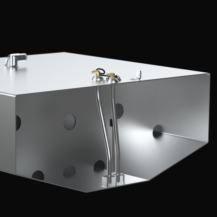 A 3D CAD cutaway cross-section view revealing the internal assembly of a Grady-White 282 Sailfish OEM replacement marine fuel tank from file image_f0e927.jpg, isolated against a black background. Precision-engineered from heavy-gauge marine-grade 5052-H32 aluminum, the internal chamber exposes perforated anti-slosh baffle plates with circular flow ports that mitigate fuel sloshing during offshore navigation. Dual internal aluminum pickup tubes extend down to a recessed floor sump foot to maximize fuel draw,