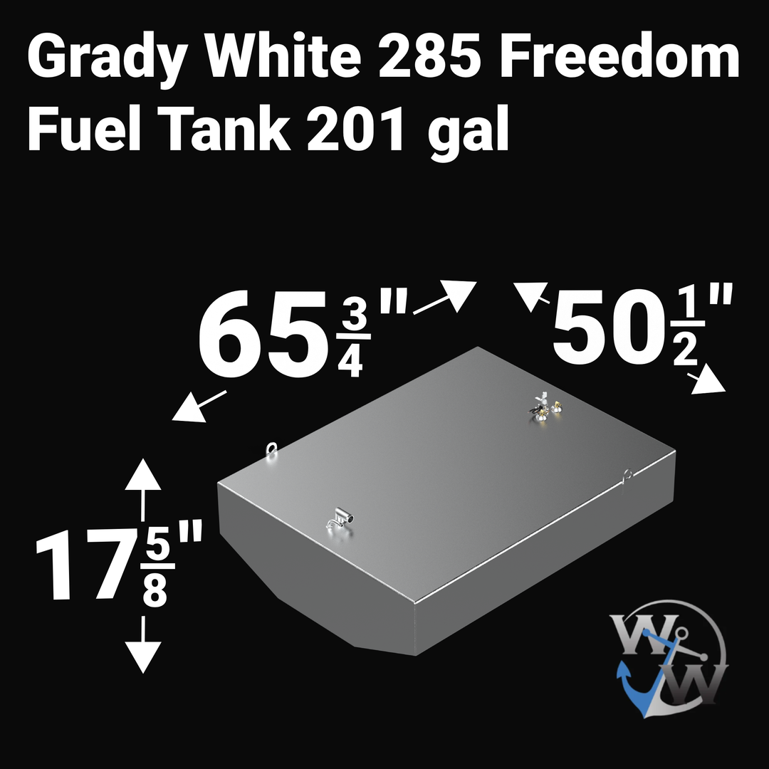 Dimensional technical diagram for a raw aluminum Grady White 285 Freedom replacement marine fuel tank featuring a high-capacity 201-gallon design. The graphic displays precise technical specifications with measurements of 65-3/4" length, 50-1/2" width, and 17-5/8" height, showcasing a deep V-hull tapered bottom configuration designed to match the vessel's hull contour. The top deck displays an unsealed variant layout complete with a forward 90-degree fuel fill pipe, an integrated vent line connection, a cen