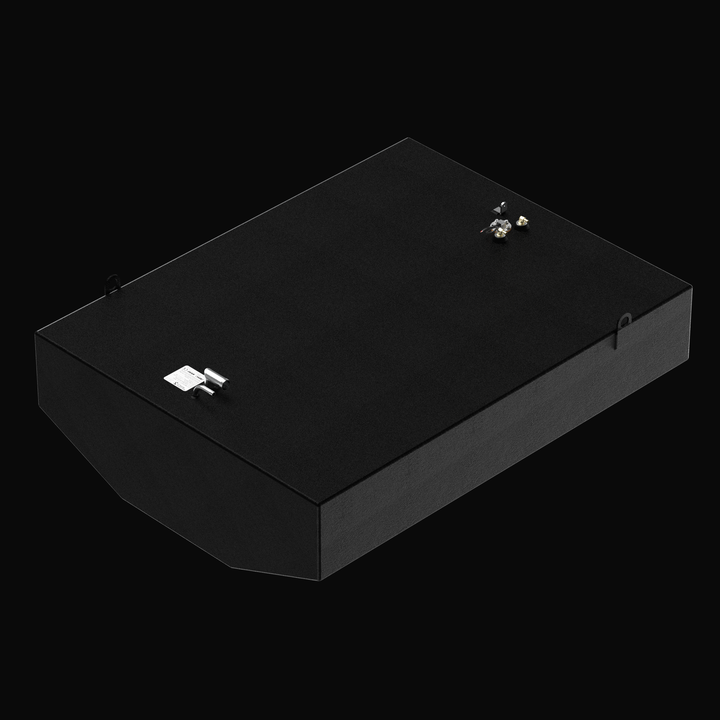 A three-quarter high-angle isometric perspective rendering of a massive black single-tank assembly, detailing a Grady White 285 Freedom 201-gallon OEM replacement marine fuel tank. This high-capacity fuel cell features a deep-profile hull-conforming tapered bottom geometry, masterfully constructed from heavy-gauge marine-grade 5052-H32 aluminum and completely encapsulated in a durable, textured black TarGard epoxy coating for ultimate corrosion protection. The upper deck is outfitted with high-performance m