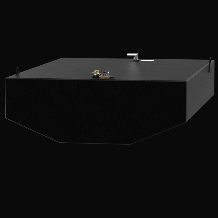 A low-angle rear perspective rendering of a black single-tank unit, emphasizing the wide hull-conforming underside of a Grady White 285 Freedom 201-gallon OEM replacement marine fuel tank. The heavy-duty tank features a deep, multi-angled V-hull tapered bottom configuration designed to seat perfectly within the dual console stringer layout. It is masterfully constructed from heavy-gauge marine-grade 5052-H32 aluminum and fully sealed in a textured, anti-corrosive black TarGard epoxy coating. The top deck is
